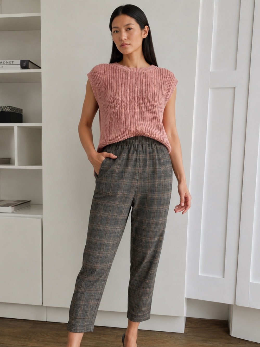 Aritzia Babaton Dexter Pant Grey Glen Check Plaid Pull-On Trousers Size Small